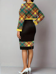 Colorblock Plaid Print Dress & Cardigan Set