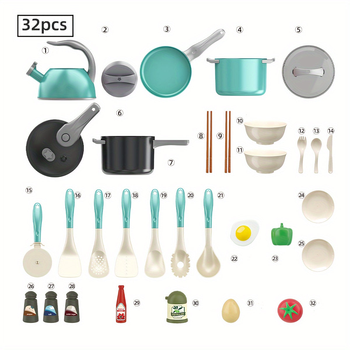 32pcs Kids Kitchen Toy Set Pretend Cooking Accessories Girls Boys Christmas Hall