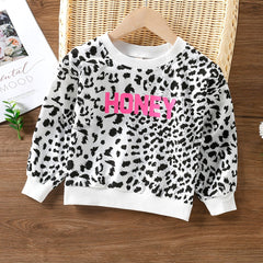 Leopard Letter Print Sweatshirt Round Neck Long Sleeve