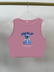 Bear Print Y2K Crop Tank Top Sleeveless Crew Neck Casual Top
