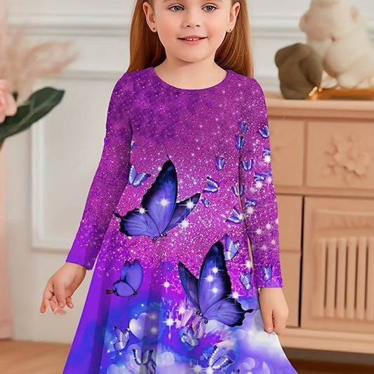 Girls Butterfly Print Long Sleeve Dress Spring Fall Gift Party