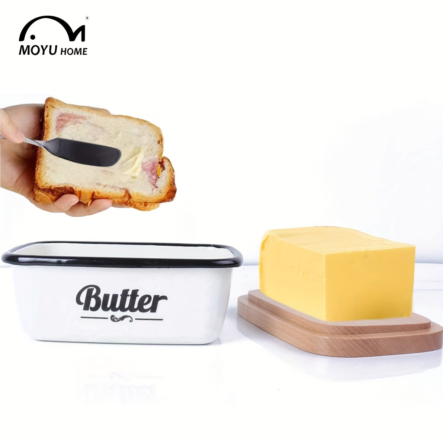 Enamel Butter Dish with Lid & 2 Steel Knives