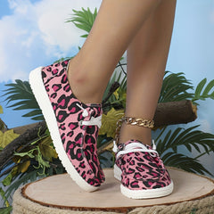 Pink Leopard Canvas Shoes Low Top Flat Casual Sneakers