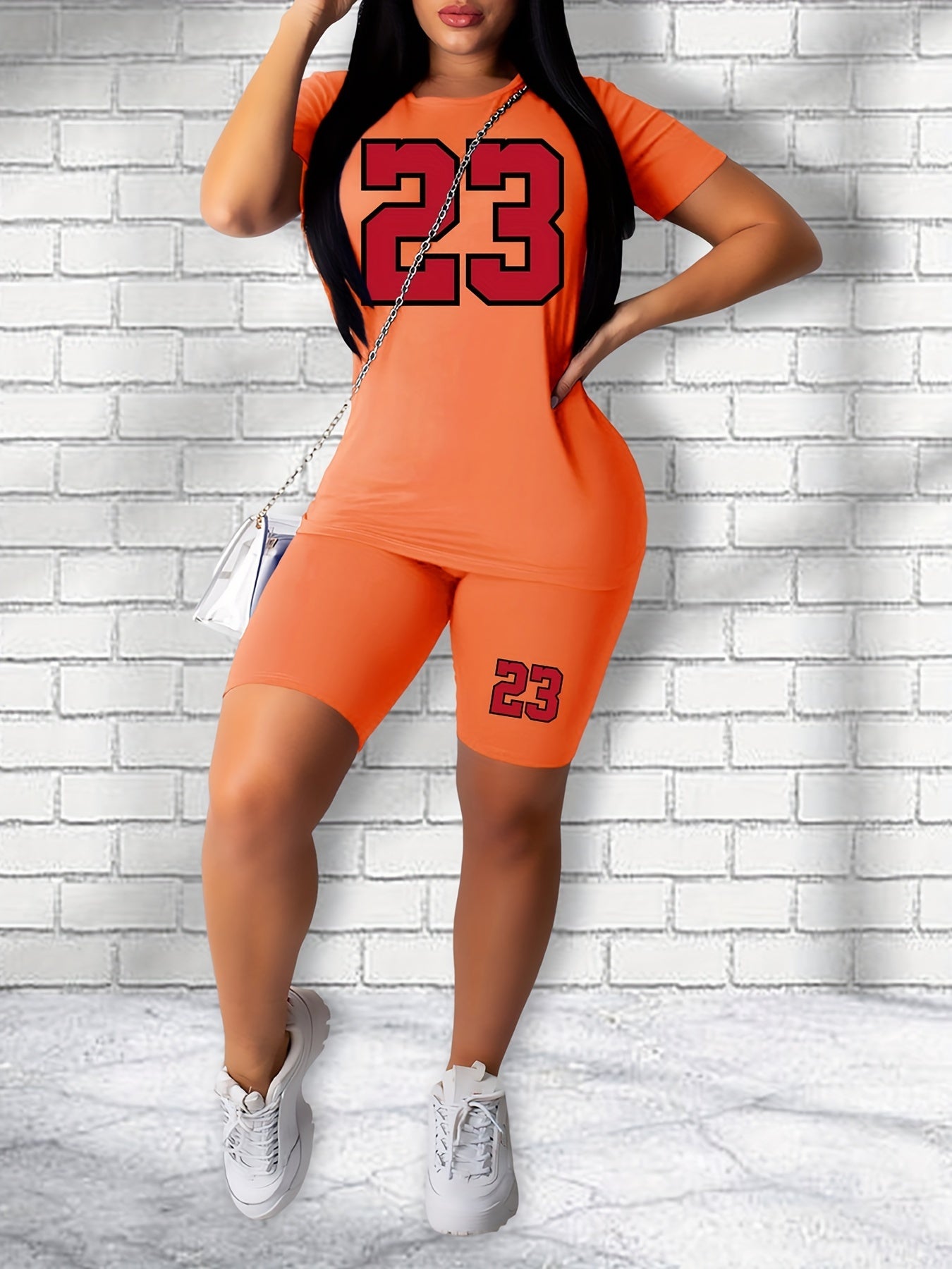 23 Number Print Two Piece Set Casual Short Sleeve T shirt & Skinny Shorts
