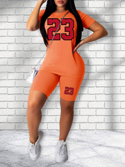 23 Number Print Two Piece Set Casual Short Sleeve T shirt & Skinny Shorts
