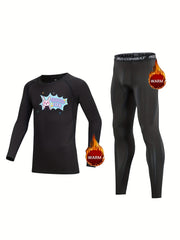 Kids Compression Fleece Sets Cartoon Pattern Long Sleeve Crew Neck Pullover