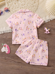 2pcs Girls Unicorn Pajama Set V-Neck Short Sleeve Top & Shorts
