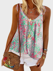 Floral Print V Neck Cami Top Lace Up Sleeveless