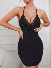 Sexy Lace Trim V Neck Solid Chemise