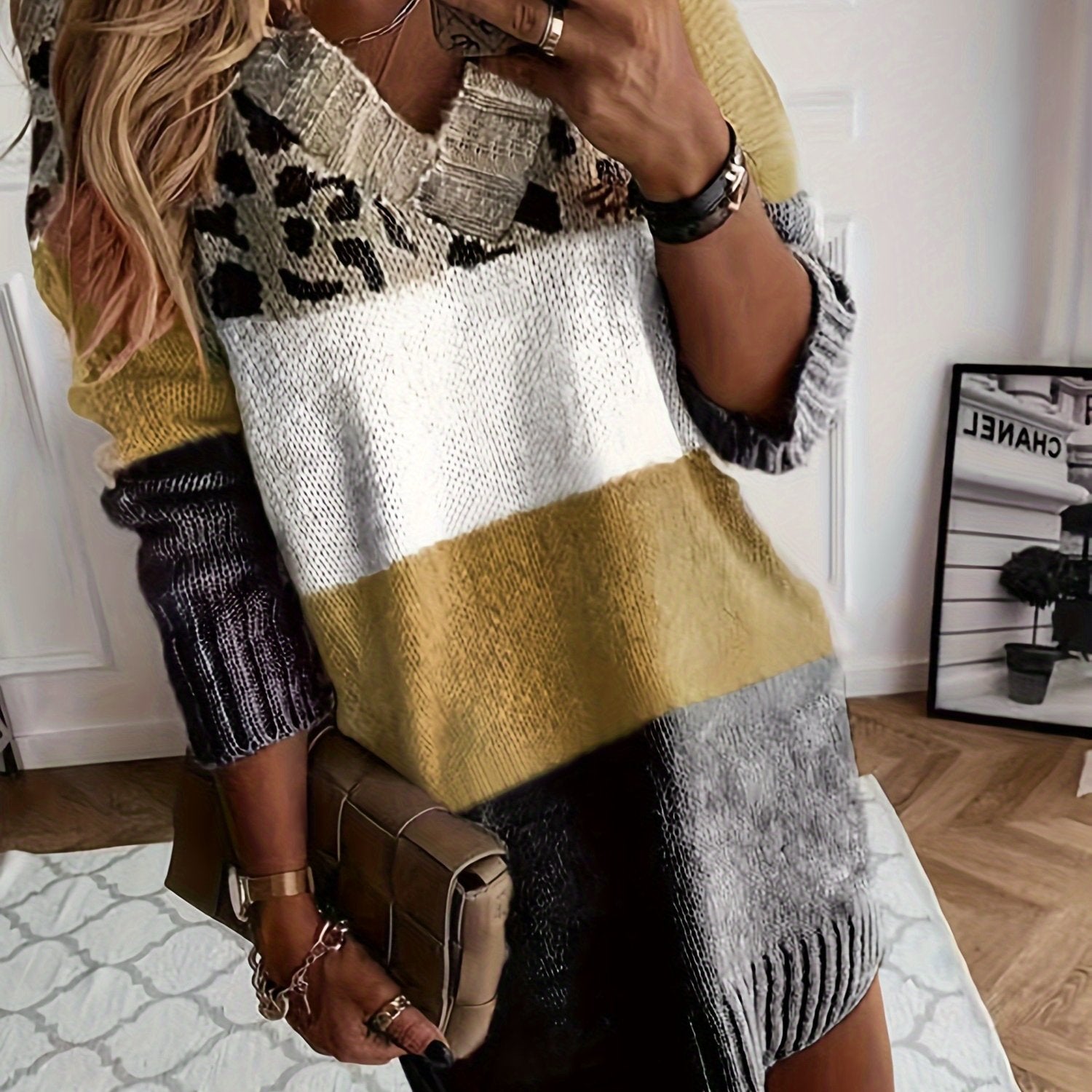 Colorblock Leopard V-Neck Sweater Dress