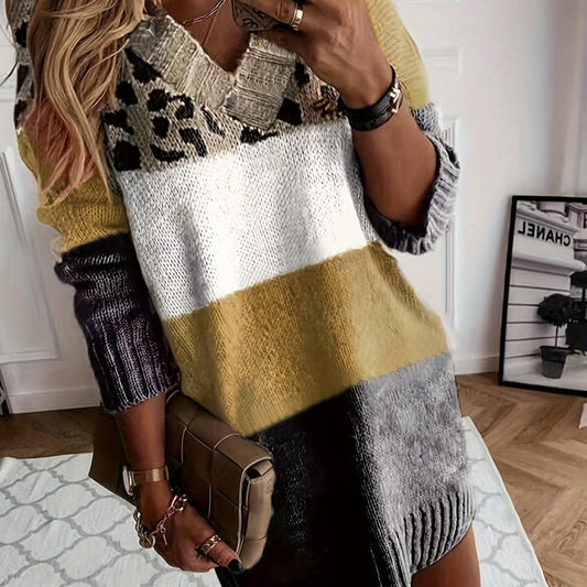 Colorblock Leopard V-Neck Sweater Dress