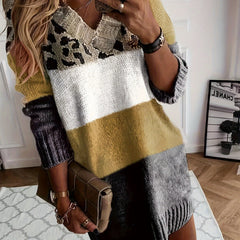 Colorblock Leopard V-Neck Sweater Dress