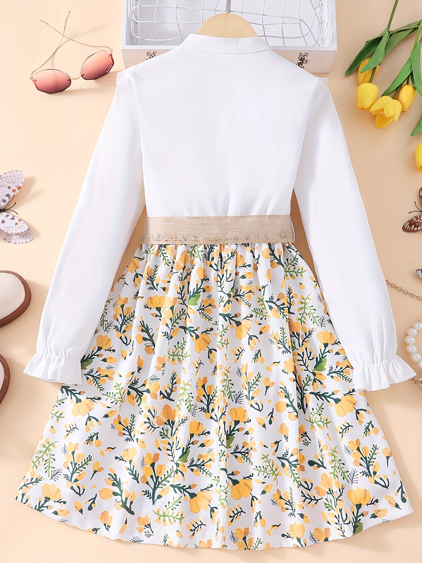 Girls Orange Flowers Embroidery Shirt Dress With Belt