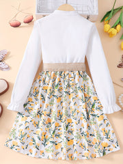 Girls Orange Flowers Embroidery Shirt Dress With Belt
