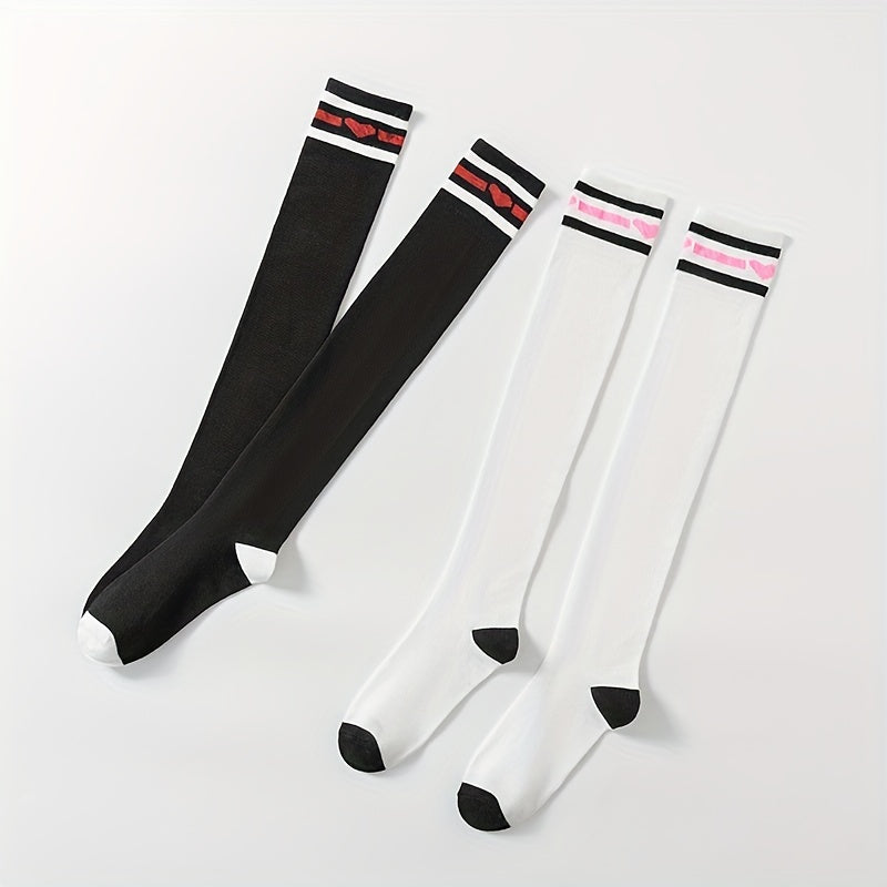 Heart Print Striped Calf Socks Women's Stocking