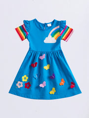 Baby Girls Short Sleeve Cotton Dress Rainbow Print Flower Embroidery Butterfly