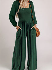 Solid Long Sleeve Square Neck Wide Leg Jumpsuit With Belt