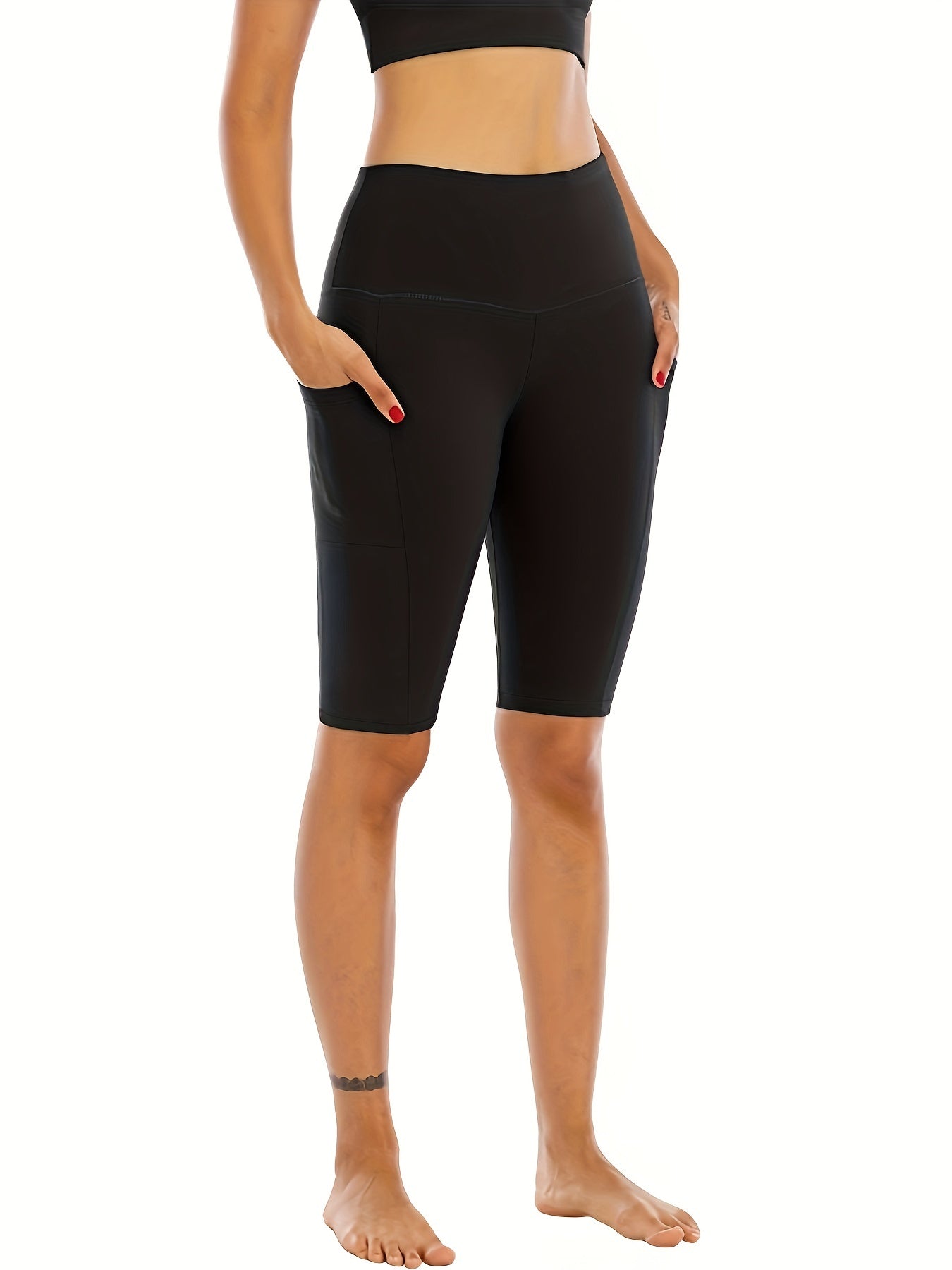 High Waist Stretch Sports Shorts with Pocket Tummy Control Activewear