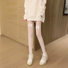 Bowknot Splice Pantyhose High Waist Semi Sheer Footed Slim Fit Stocking