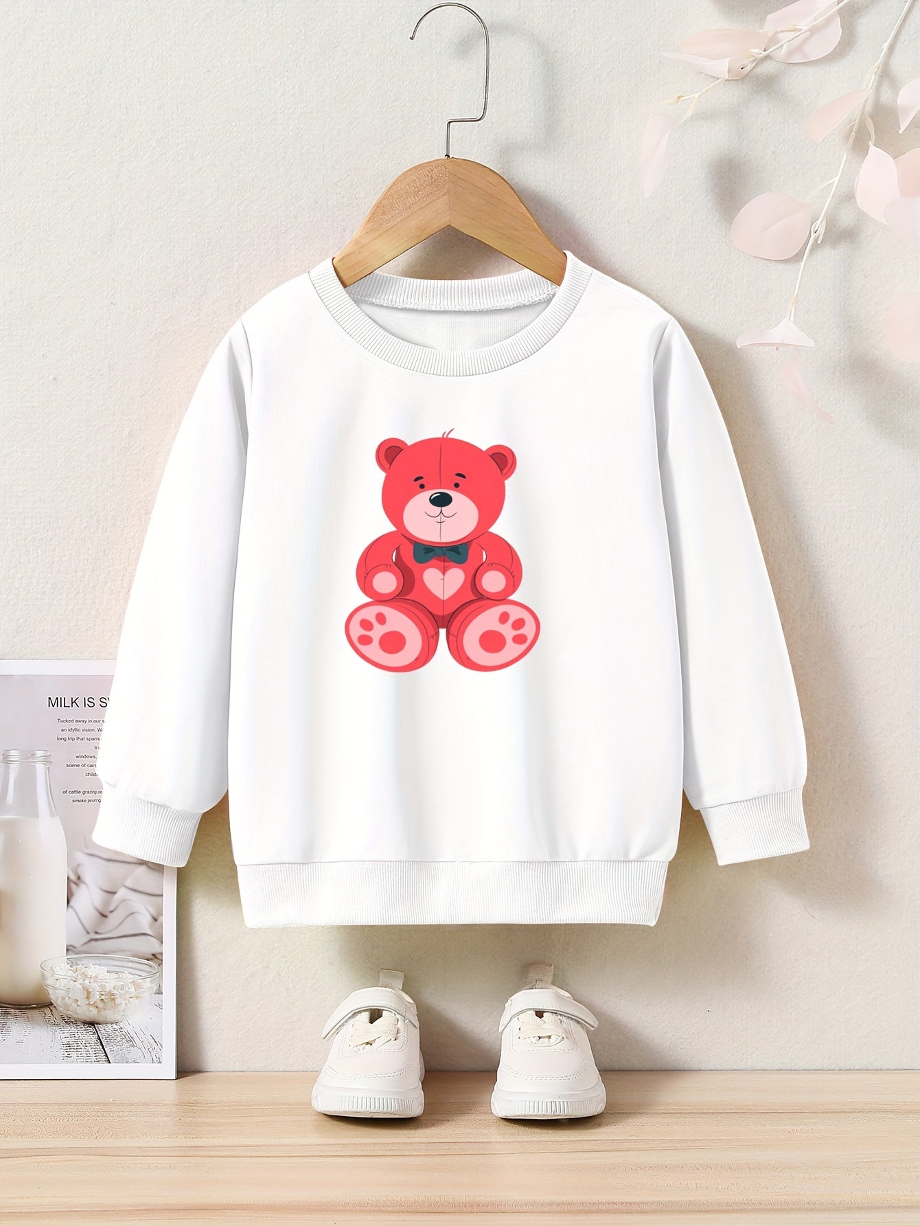 Bear Print Girls Casual Pullover Sweatshirt Long Sleeve Crew Neck Tops