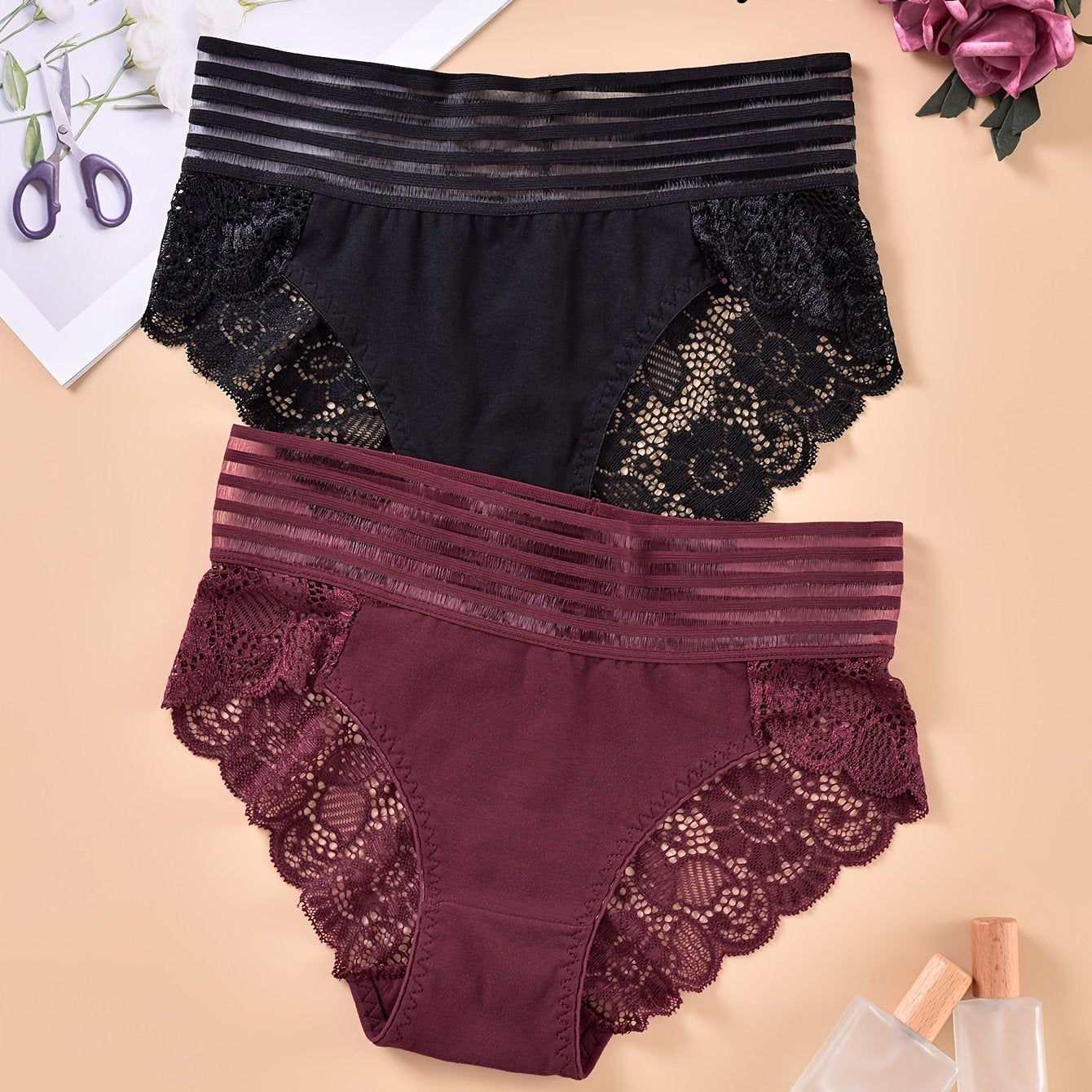 2pcs Lace Stitching Briefs Comfy Scallop Trim Panties