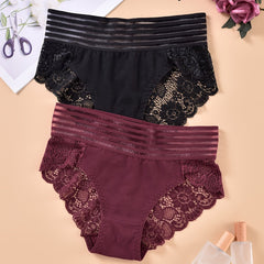 2pcs Lace Stitching Briefs Comfy Scallop Trim Panties