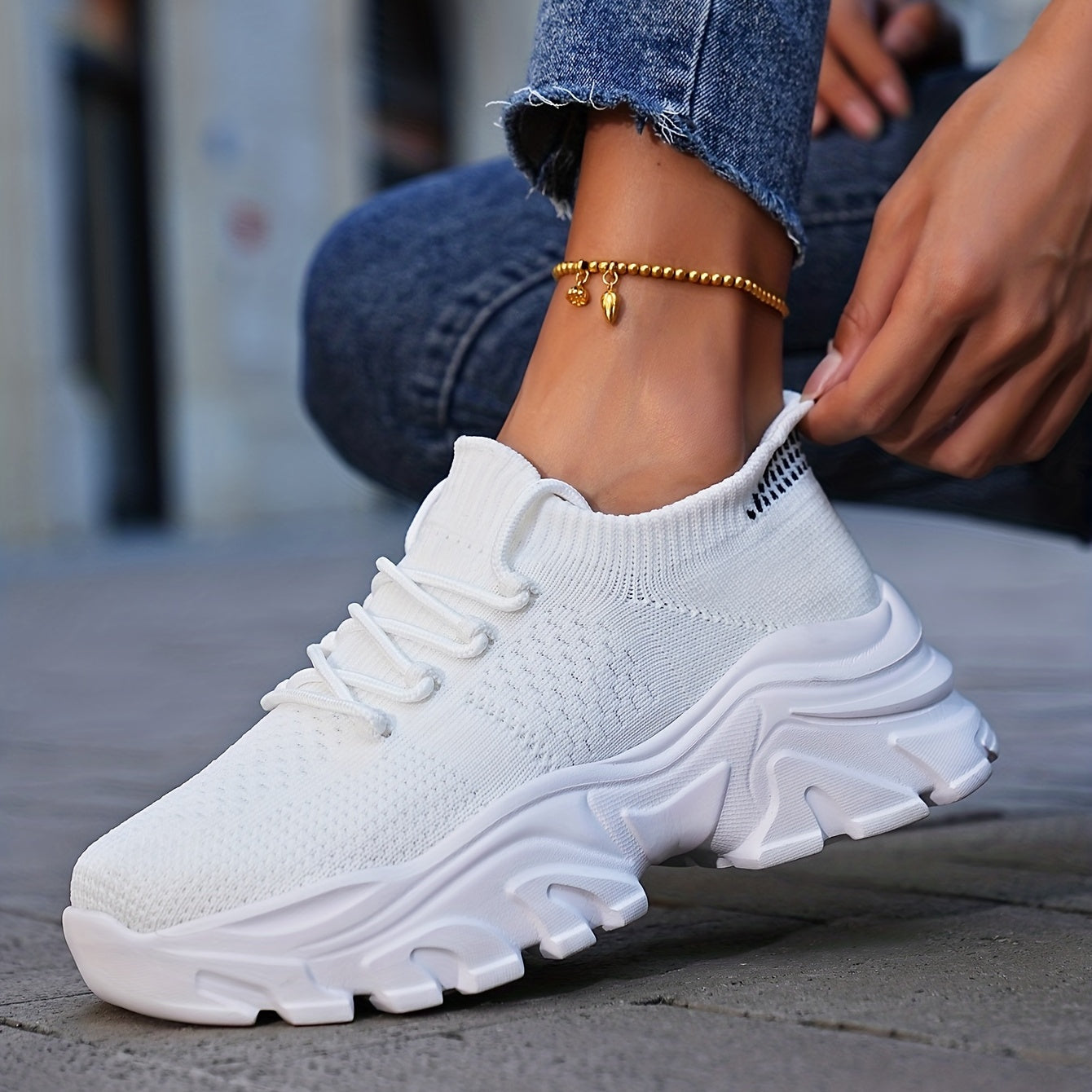Women's Knit Platform Sneakers Lace Up Outdoor Shoes Lightweight Running Shoes