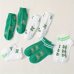 10 Pairs Cartoon Frog Print Socks - Women's Comfy Short Stockings