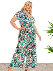 Leopard Print Deep V Neck Jumpsuit Women's Plus
