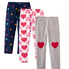 3pcs Girls Heart Print Leggings Breathable Casual Pants For Kids