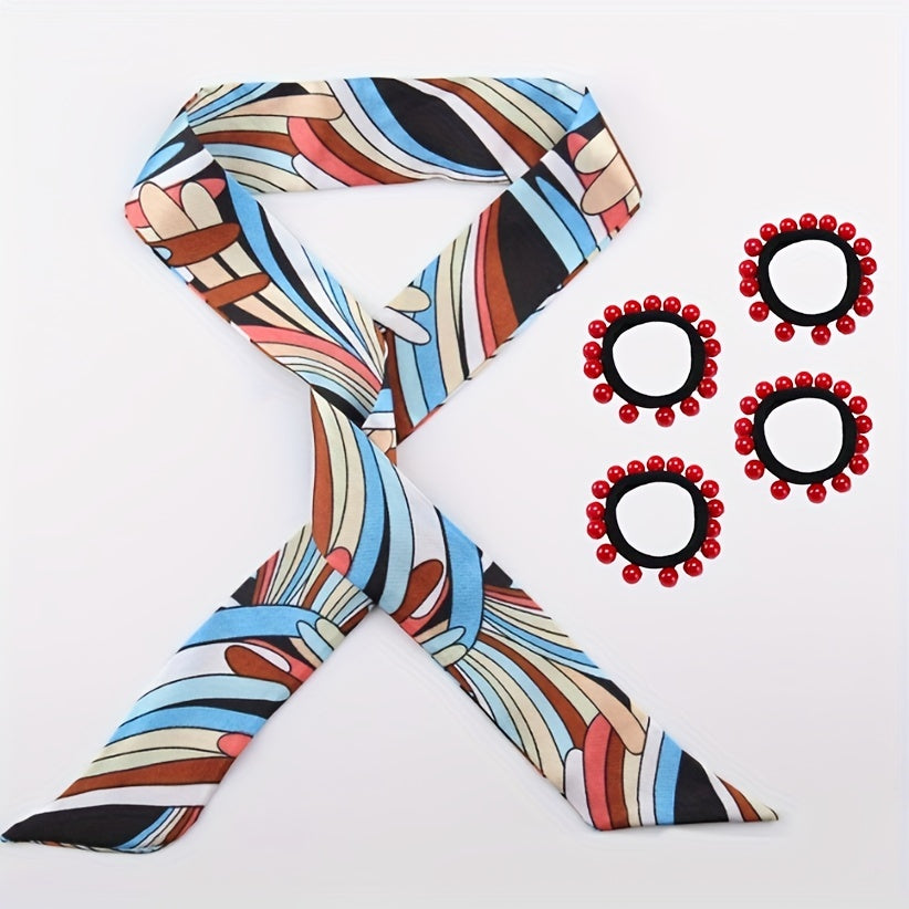 5pcs Set Skinny Scarf & Hair Tie Neckerchief Twilly Scarf Red Beads Decor