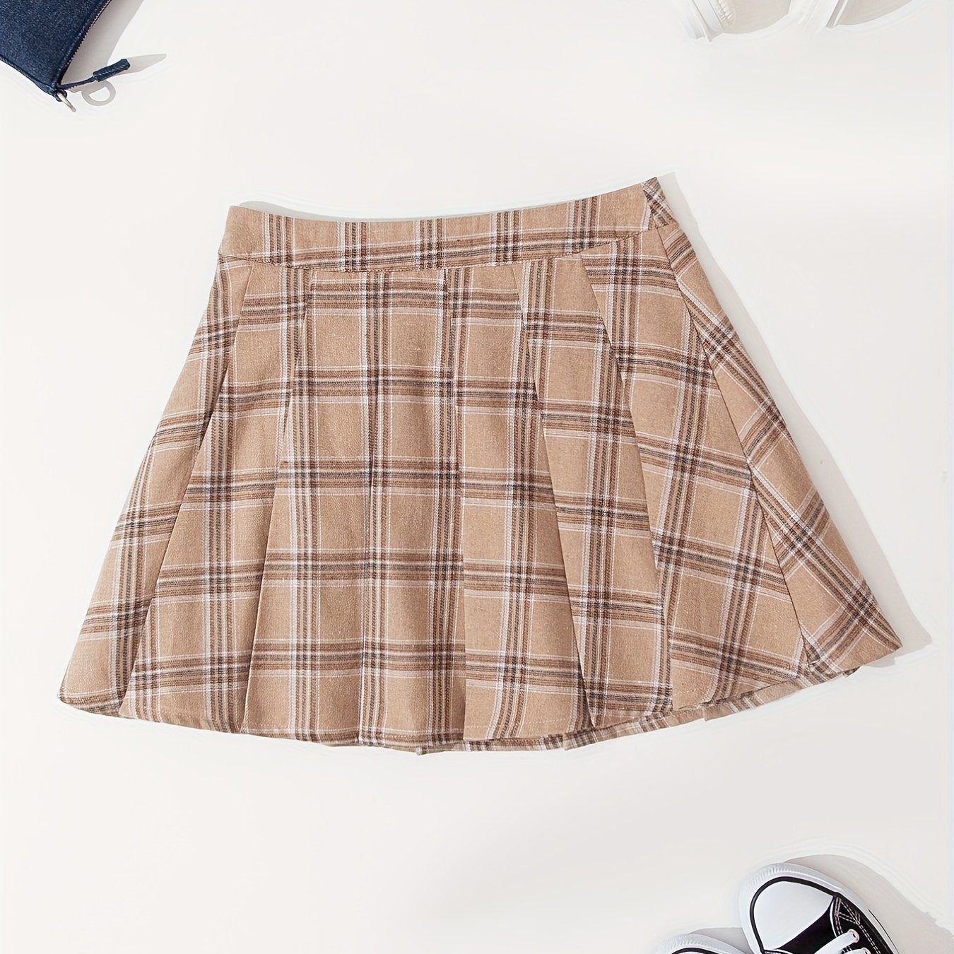 Plaid Side Zip Pleated Skirt Preppy Skirt For Spring & Summer Women's Clothing