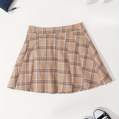 Plaid Side Zip Pleated Skirt Preppy Skirt For Spring & Summer Women's Clothing