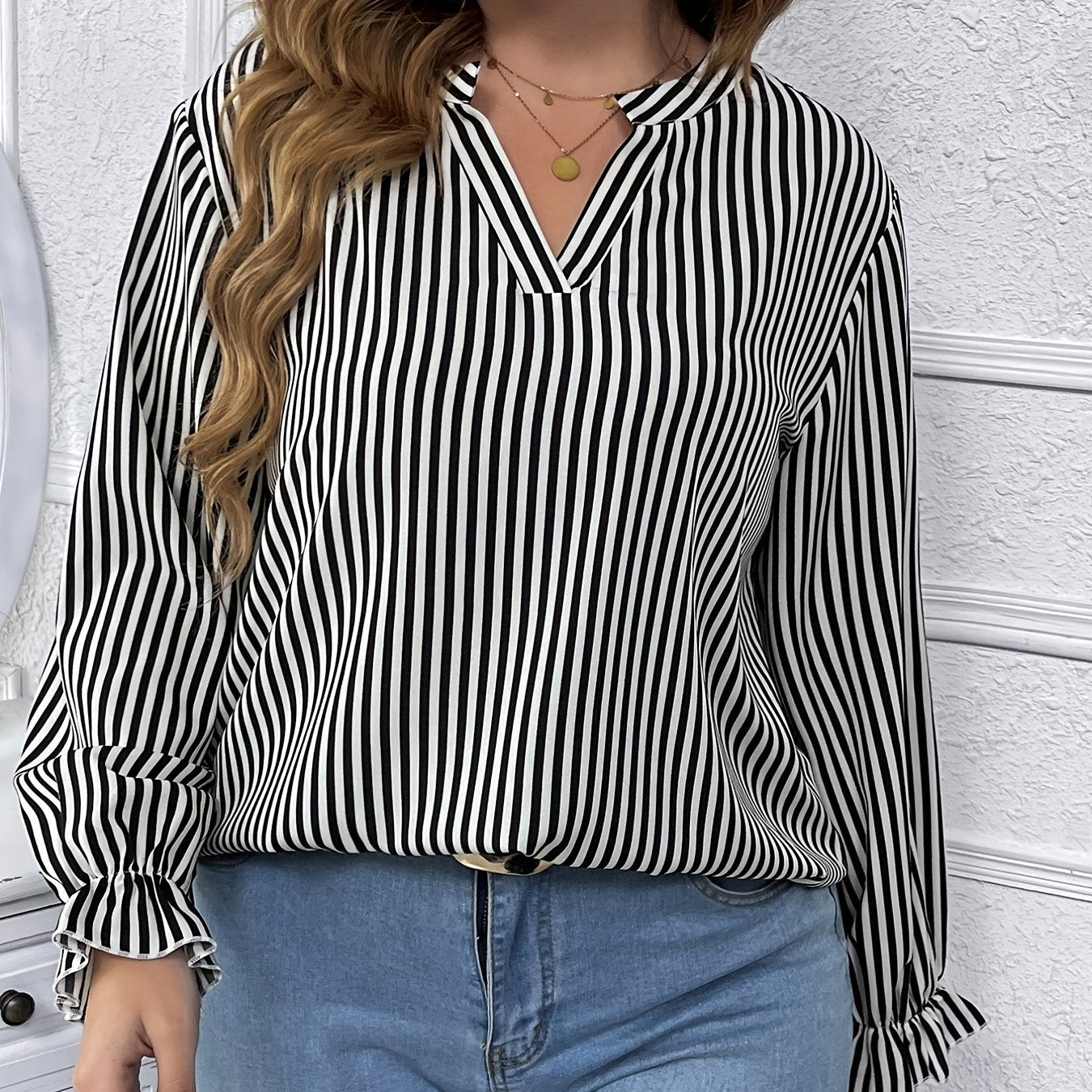 Striped Print Lantern Sleeve V Neck Blouse Plus Size Casual Blouse