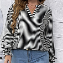 Striped Print Lantern Sleeve V Neck Blouse Plus Size Casual Blouse