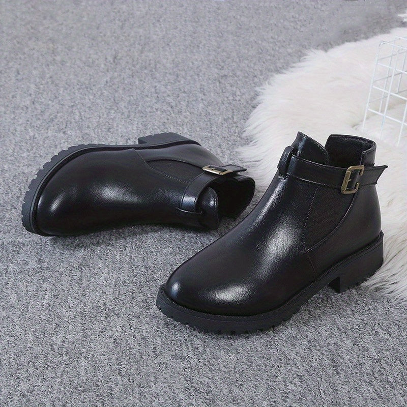 Solid Chunky Heel Boots Buckle Strap Short Boots Comfortable