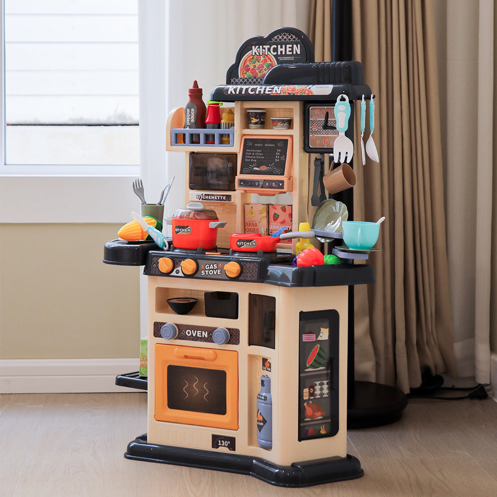 Deluxe Kids Kitchen Set Grey Pretend Cooking Center with Interactive Features