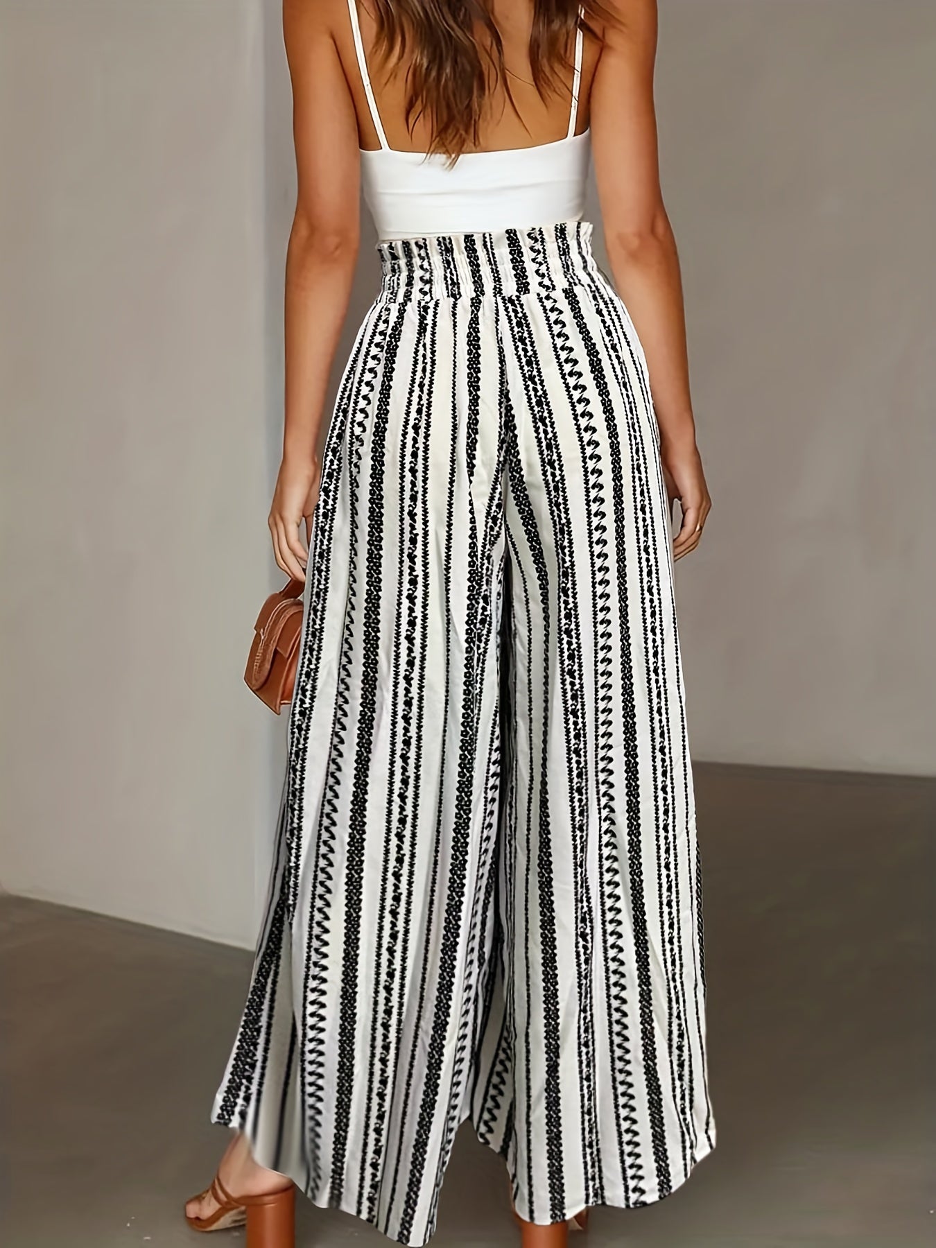 Striped Wide Leg Pants Paper Bag Waist