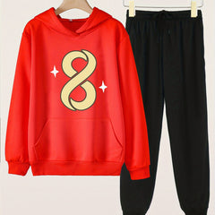 2pcs Number 8 Print Hooded Outfit For Girls Hoodie & Comfy Pants Set
