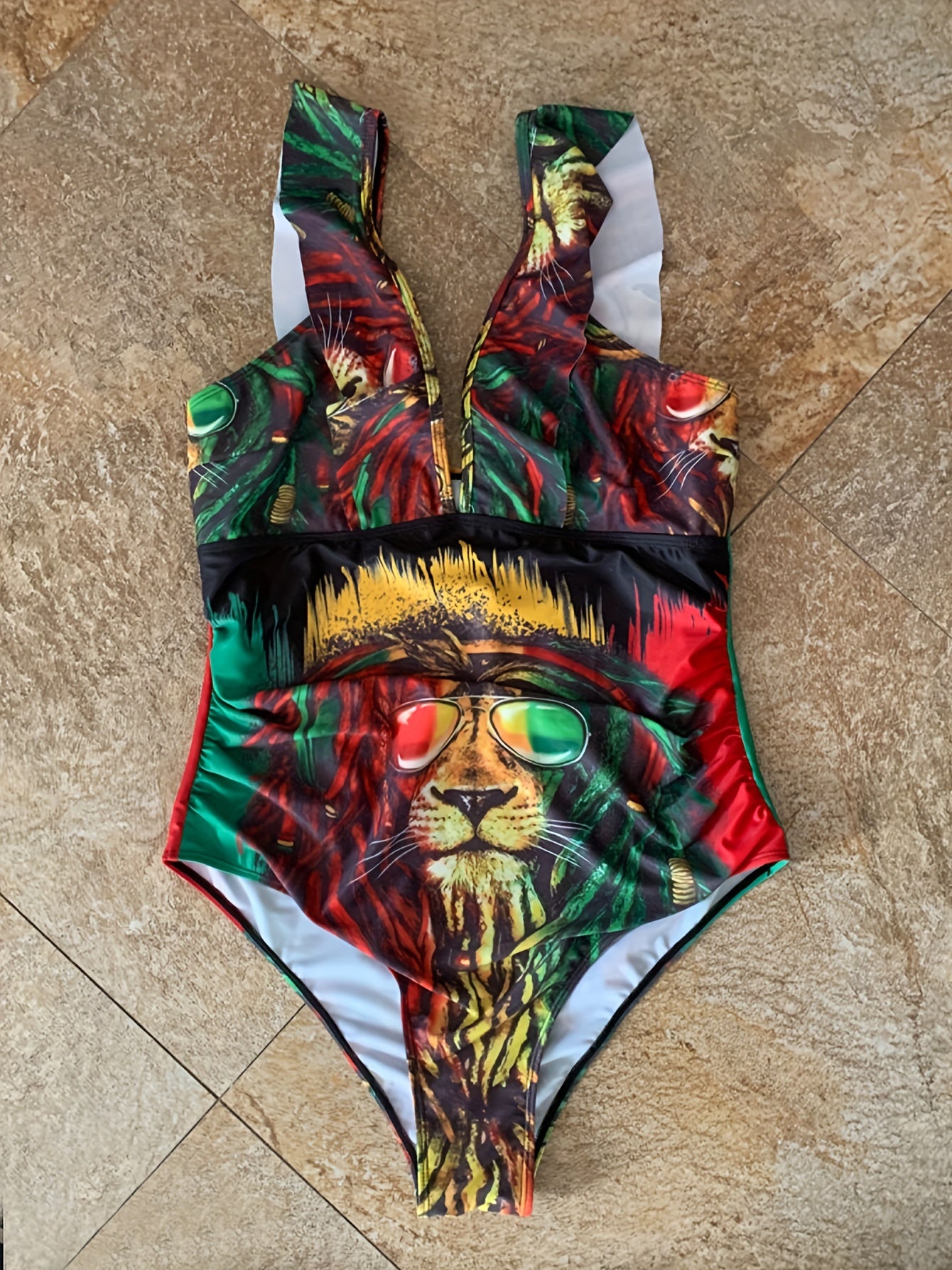 Lion Print Deep V Neck One Piece Swimsuit