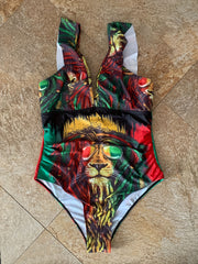 Lion Print Deep V Neck One Piece Swimsuit