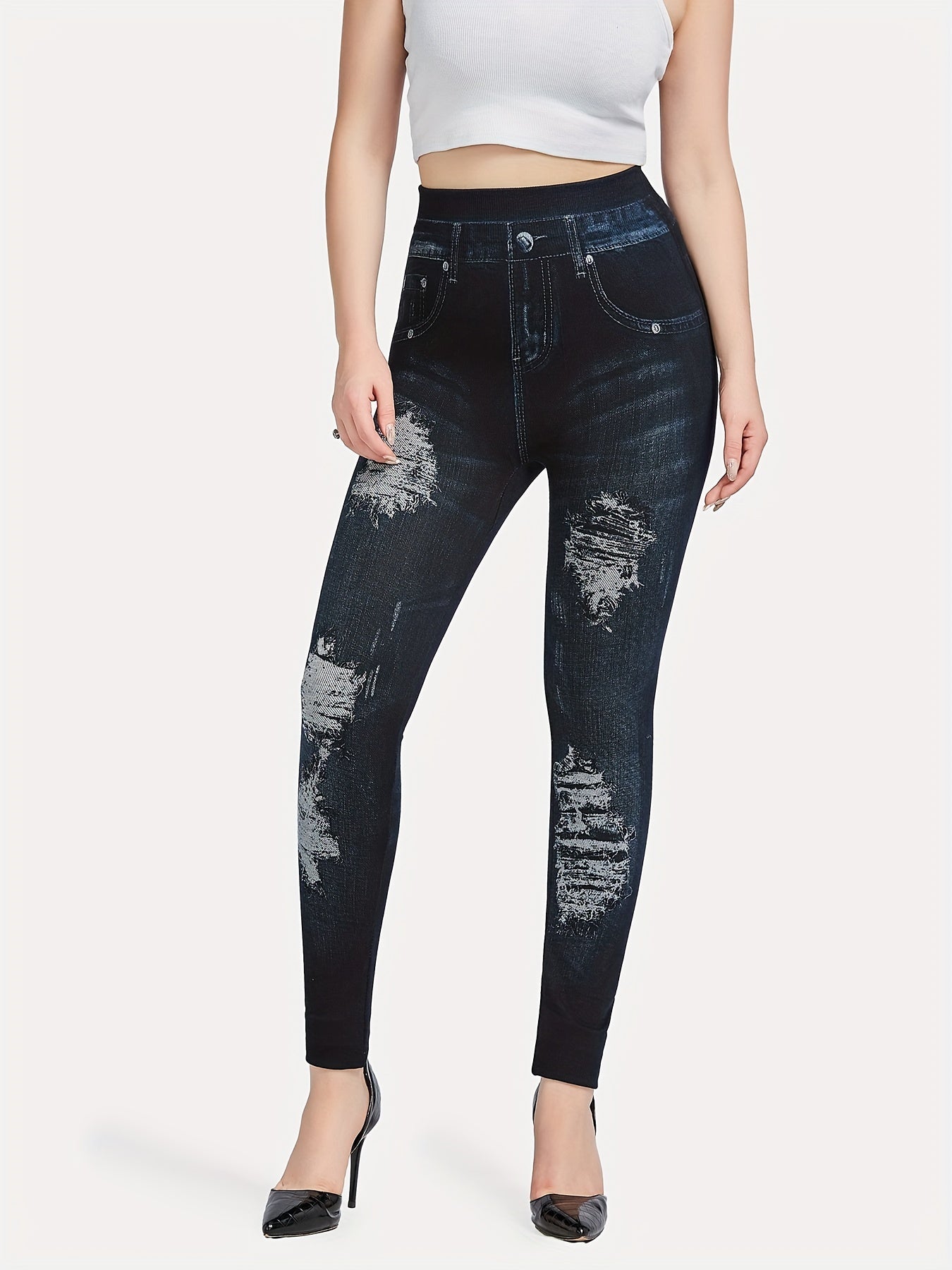Denim Print High Waisted Leggings Casual Skinny Leggings