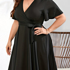 Solid Flutter Sleeve Stretch Midi Dress With Belt