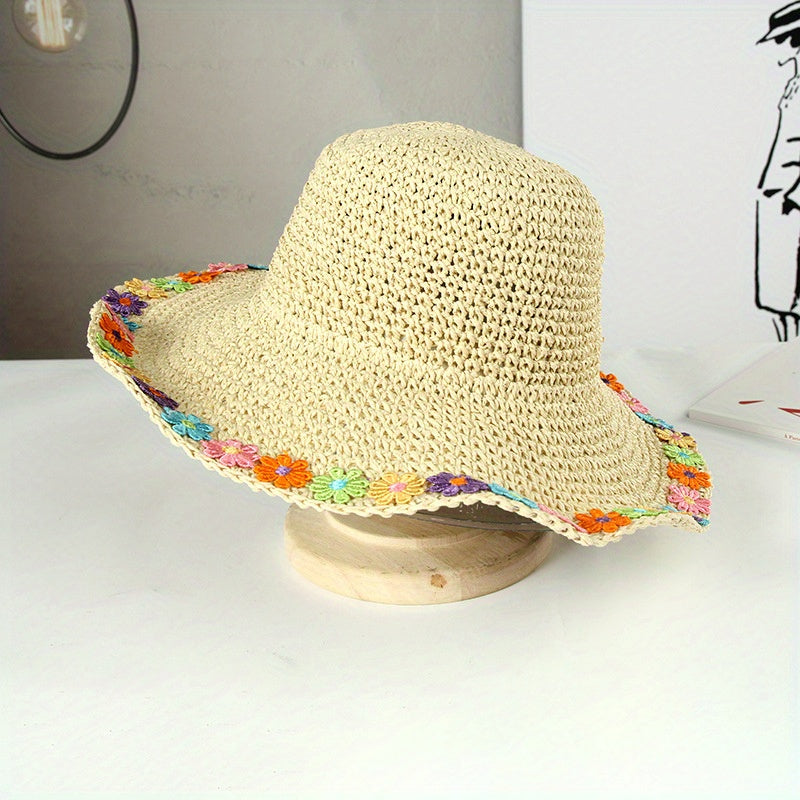 Boho Sun Hat Wide Brim Foldable Straw Bucket Hat
