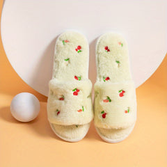 Cherry Pattern Plush Slippers Cozy Open Toe Fluffy Indoor Flat Shoes