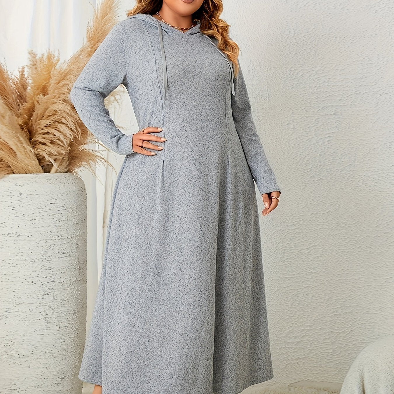 Solid Long Sleeve Hooded Maxi Sweatshirt Dress