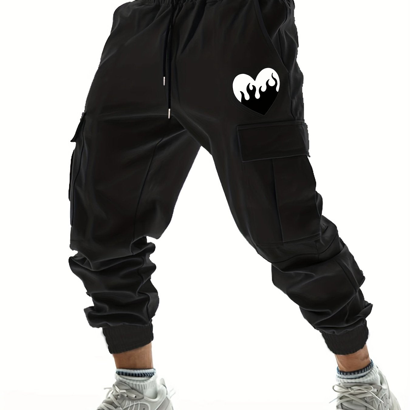 Heart Pattern Casual Side Pockets Drawstring Joggers Men s Cargo Pants