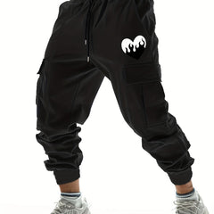 Heart Pattern Casual Side Pockets Drawstring Joggers Men s Cargo Pants