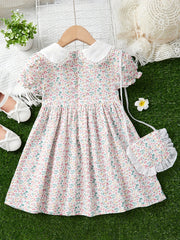 Toddler Girls Casual Short Sleeve Lapel Floral Dress & Matching Bag