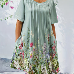 Floral Print Short Sleeve Pleated Dress